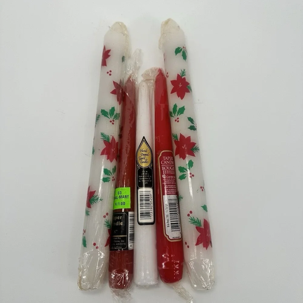 Retro 1980s Christmas Taper Candle Lot Poinsettia Holly Effilee Candle-lite Hand